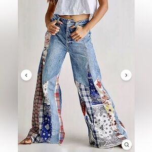 NWT URSIME Boho Patchwork Denim‎ High Rise Retro Flare Jeans size 4XL